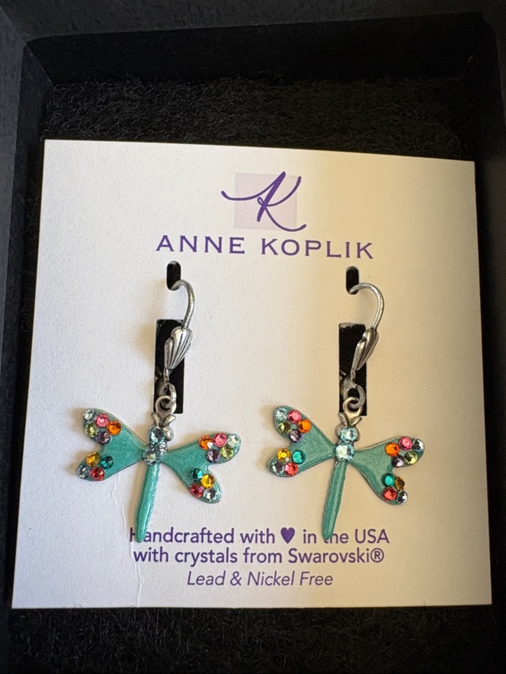 Anne Koplik Teal Dragonfly Earrings with Multicolor Crystals